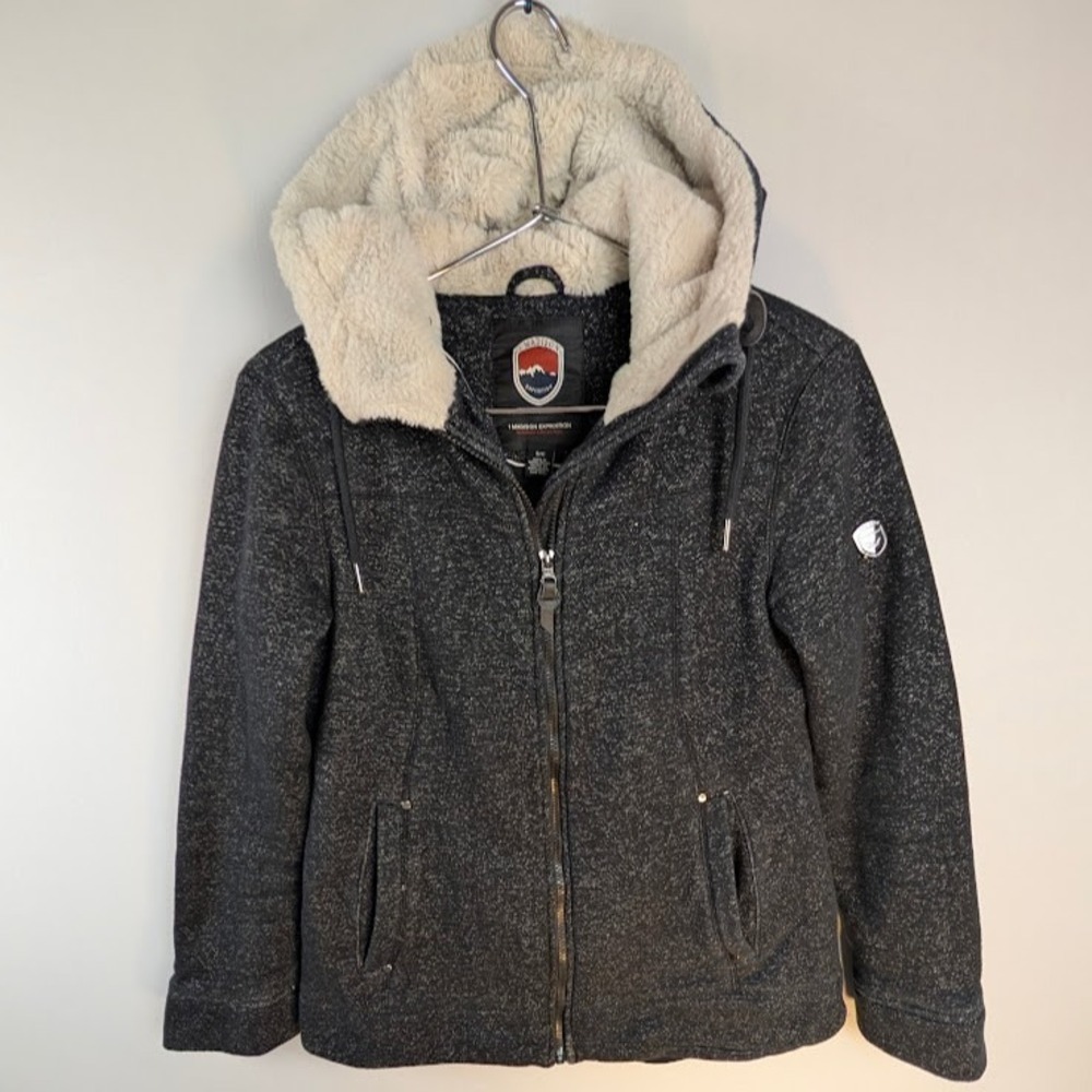 1 Madison Expedition‎ Hooded Parka Women SMALL Black Knit Jacket Coat Faux Fur